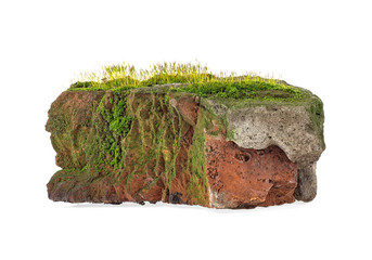 Old red building brick covered with moss isolated on white background