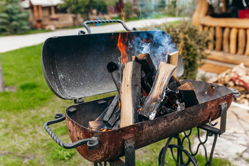 Barbecue grill with fire on nature
