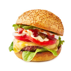 Juicy hamburger with cheese on white background