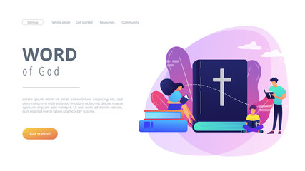 Tiny people christians reading the Holy Bible and learning about Christ. Holy Bible, sacred holy book, the word of God concept. Website vibrant violet landing web page template.