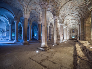 Crypt of a medieval abbey with carved stone columns.
