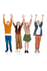 cheerful schoolchildren with outstretched hands On White