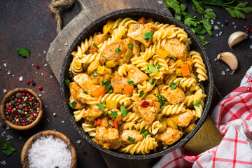 Pasta with Chicken and vegetables, top view.