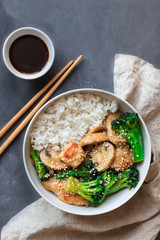 Teriyaki chicken, broccoli and mushrooms stir fry