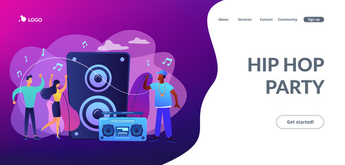 Hip hop singer with microphone at music speaker and tiny people dancing at concert. Hip hop music, hip hop party, RAP music classes concept. Website homepage landing web page template.