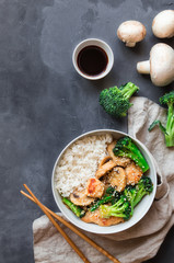 Teriyaki chicken, broccoli and mushrooms stir fry