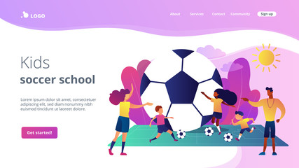 Kids learning to play soccer with balls on the field in summer camp, tiny people. Soccer camp, football academy, kids soccer school concept. Website homepage landing web page template.
