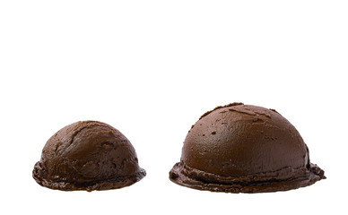 big and small portion of brown ice cream isolated on white background