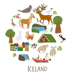 Iceland nature vector symbols of landscapes, animals and architecture. 