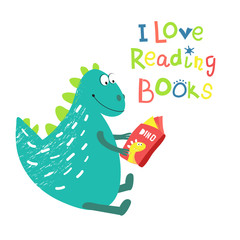 Dinosaur reading a book. The comics style, cartoon with the words and phrases. Print for children's clothing, fabrics, postcards. Vector illustration