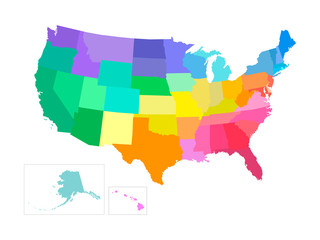 Vector isolated illustration of simplified administrative map of USA (United States of America). Borders of the states. Multi colored silhouettes
