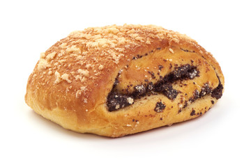Homemade roll with poppy seeds, close-up, isolated on white background
