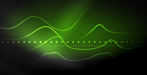 Glowing abstract wave on dark, shiny motion, magic space light. Techno abstract background