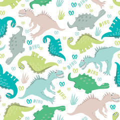 Seamless dinosaur pattern in pastel colors. Dinosaurs walking in a clearing. For the design of children's clothing, fabrics, cards, books. Style comics and cartoons