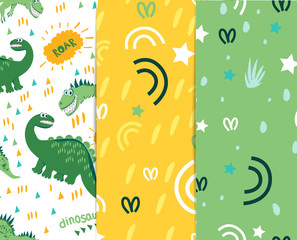 Naklejka premium Seamless dinosaur pattern. Green Dino enjoy a walk and a good warm day. For registration of children's clothes, fabrics, cards, books. Style of comics and cartoons