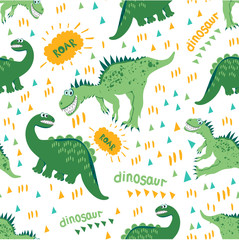 Fototapeta premium Seamless dinosaur pattern. Green Dino enjoy a walk and a good warm day. For registration of children's clothes, fabrics, cards, books. Style of comics and cartoons