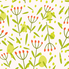 Seamless pattern with leaves and berries. Botanical illustration. Tropical background with exotic plants. Fabric design, Wallpaper, textiles, books, printing, magazine