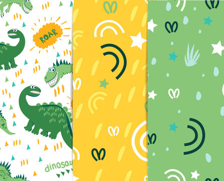 Seamless dinosaur pattern. Green Dino enjoy a walk and a good warm day. For registration of children's clothes, fabrics, cards, books. Style of comics and cartoons