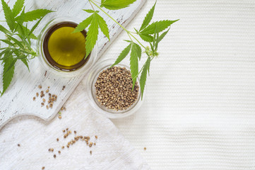 Hemp products concept. Seeds, cannabis oil and green plant on homespun cloth