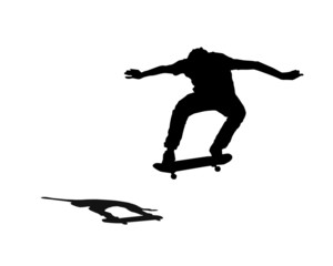Skateboarder popping a high ollie, skateboard jump silhouette with shadow