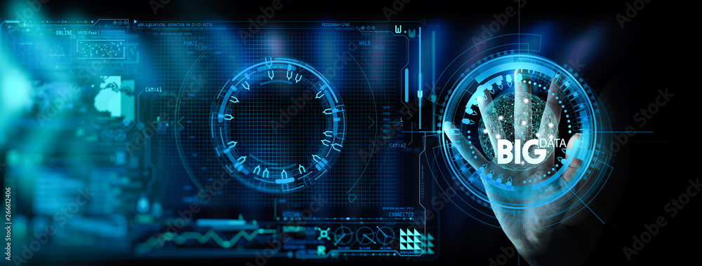 Aufkleber Big data world and globe icon ui with hand selecting and pressing Big Data symbol and modern interface.