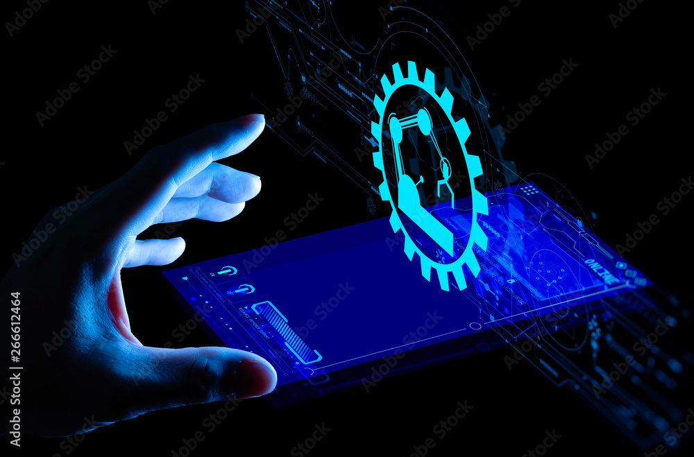 Poster Engineer hand check and control welding robotics automatic arms icon with machine in intelligent factory automotive industrial with UI monitoring system software.