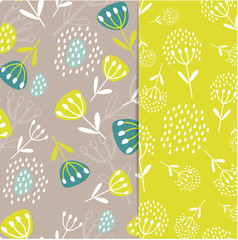 Set of seamless patterns with leaves and flowers. Botanical illustration. Tropical background with exotic plants. Fabric design, Wallpaper, textiles, books, printing, magazine