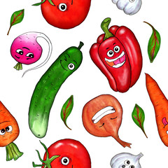 Seamless colorful pattern with funny vegetables. Hand drawn watercolor - 266612433