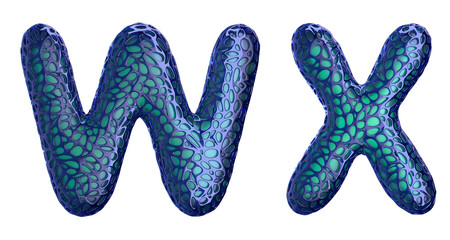 Realistic 3D letters set W, X made of blue plastic.