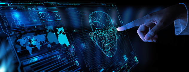 Hand touching UI for Unlocking with face identification. Facial recognition concept.