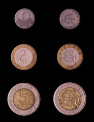 Lithuania coin 1,2 and 5 Litas averse and reverse isolated on the black background