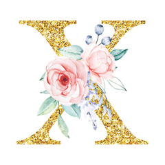 Floral alphabet, letter X with watercolor flowers and leaf. Gold glitter monogram initials perfectly for wedding invitation, greeting card, logo and other. Holiday design hand drawn. © Larisa