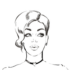 Woman with short hairstyle, young beautiful stylish girl with bob hair style and necklace with heart black and white line sketch