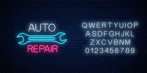 Neon auto repair shop sign with alphabet. Glowing night advertising symbol of vehicle repair station.