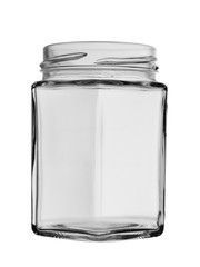 Opened glass jar of an unusual form with sides isolated on a white background