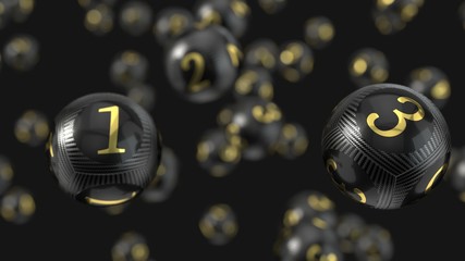 Carbon fiber lottery balls with golden numbers. 3d illustration
