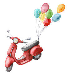 Watercolor card with red scooter and air balloons. Hand painted summer illustration isolated on white background. For design, prints or background.