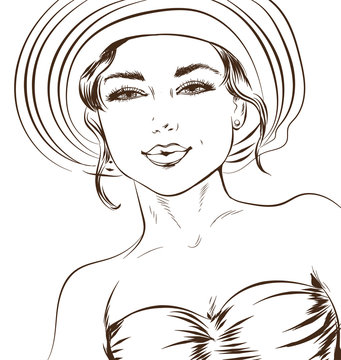 Vector sketchy line art illustration of a sexy girl in a luxurious hat. Excellent poster for advertising discounts and sales and coloring