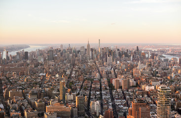 General view of Manhattan, New York City from One World Observatory deck at One World Trade Center. 