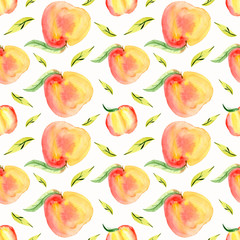 Watercolor peaches seamless pattern. Peach watercolor wallpaper. Green leaves and peaches. Trendy pattern with peach. For textiles, textures, prints, fabrics, wallpapers, T-shirt design. summer patter
