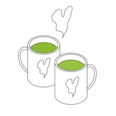 Two hot match drinks in cups. Isometry and lines. Logo for a cafe. Love and heart. Healthy green tea.