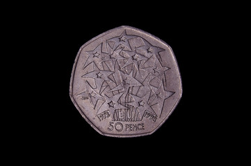 Commemorative 50 pence UK coin with European Union stars