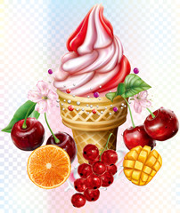 Icecream in waffles cones witch berries mango citrus