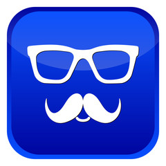 Nerd glasses and mustaches icons. Blue web button on white background. Vector isolated Illustration