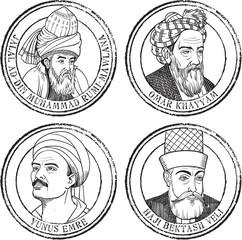 Islamic philosophers portraits stamp set, illustration