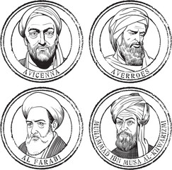 Islamic scientists portraits stamp set, illustration
