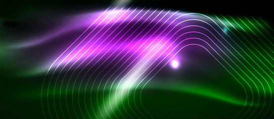 Dark background with neon glowing elements, shiny motion concept