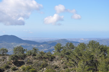 The beautiful natural mountain landscape in the Cyprus massif in the background at sunset