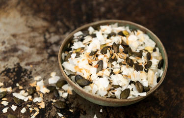 Simple Snack Mix of Roasted pumpkinSeeds and Coconut Flakes