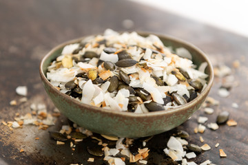 Simple Snack Mix of Roasted pumpkinSeeds and Coconut Flakes